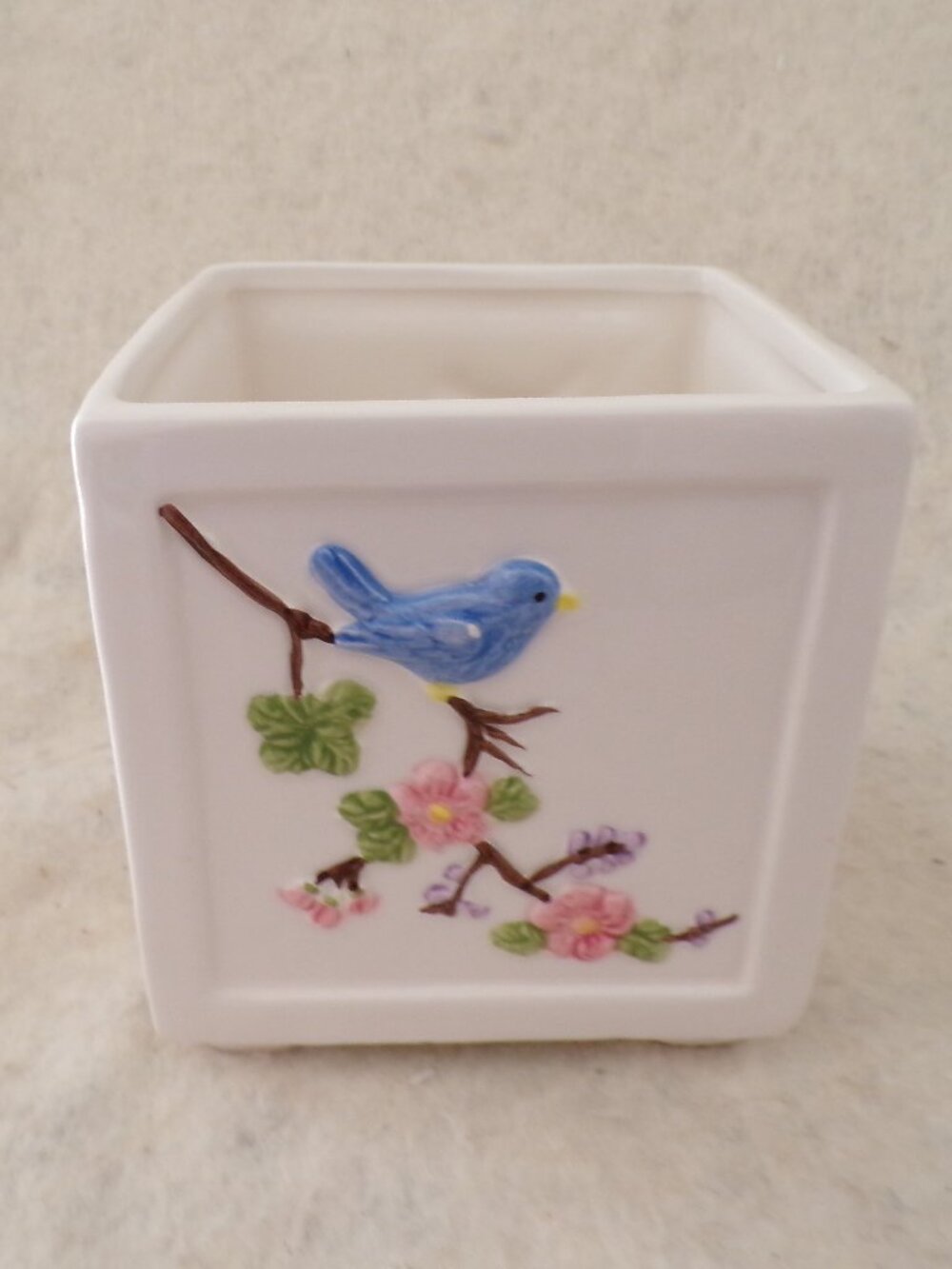 Planter Pottery Bisque Birds and Flowers 4 Sided Square 3D LBK